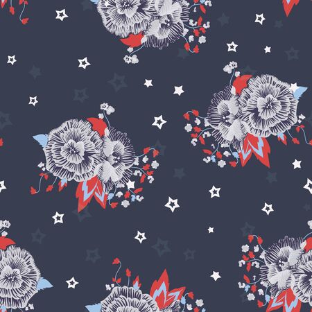 Vector Comics Roses with Stars on Navy Blue seamless pattern background. Perfect for fabric, wallpaper and scrapbooking projects.のイラスト素材