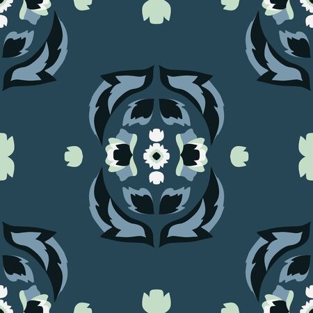 Vector Folklore Rose and Leaves Symmetrical Composition on Blue seamless pattern background. Perfect for fabric, wallpaper and scrapbooking projects.のイラスト素材
