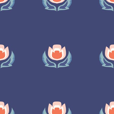Vector Folk Tulips on Navy Blue seamless pattern background. Perfect for fabric, wallpaper and scrapbooking projects.のイラスト素材