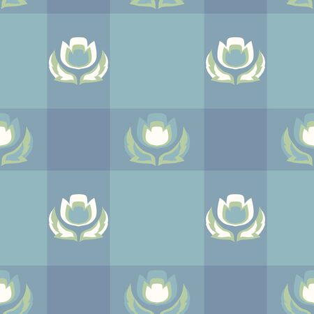 Vector Folk Tulips in Pastel Greens on Plaid seamless pattern background. Perfect for fabric, wallpaper and scrapbooking projects.のイラスト素材