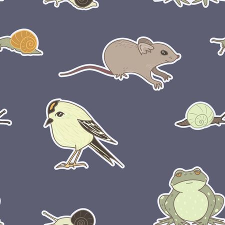 Vector Garden Residents on Navy Blue seamless pattern background.のイラスト素材
