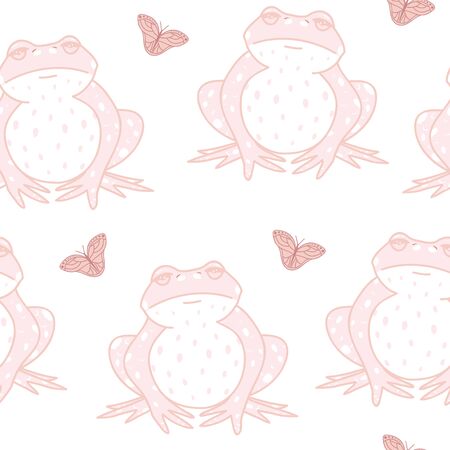 Vector Frogs with Butterflies in Pink seamless pattern background.のイラスト素材