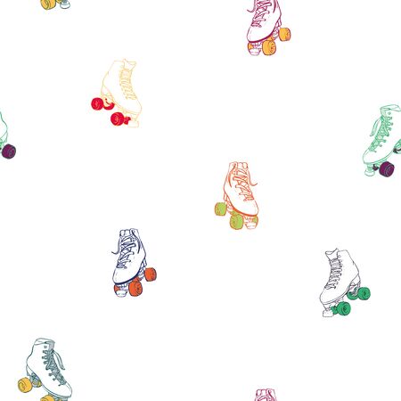 Vector Fun Rainbow Colors Roller Skates on White seamless pattern background.のイラスト素材