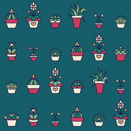 Vector Cartoon Hand Drawn Window Sill Florals in Line seamless pattern background.のイラスト素材
