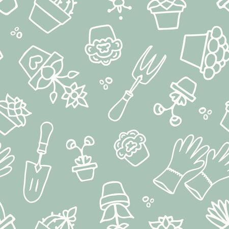 Vector Hand Drawn Garden Accessories Lineart on Green seamless pattern background.のイラスト素材