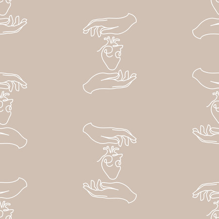 Vector Heart on Hand Lineart on Dusty Beige seamless pattern background. Perfect for fabric, wallpaper and scrapbooking projects.のイラスト素材