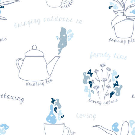 Vector Soft Pastel Relaxing at Home on White seamless pattern background. Perfect for fabric, wallpaper and scrapbooking projects.のイラスト素材