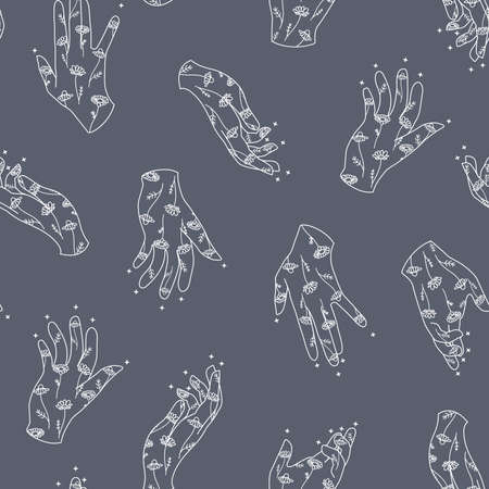 Vector Magical Hands with Chamomile Drawings Lineart on Dark Dusty Blue seamless pattern background. Perfect for fabric, wallpaper and scrapbooking projects.のイラスト素材