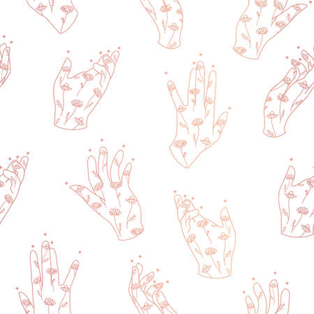 Vector Magical Hands with Chamomile Drawings Lineart and Rose Gold Effect seamless pattern background. Perfect for fabric, wallpaper and scrapbooking projects.のイラスト素材