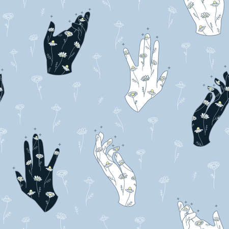 Vector Magical Hands with Chamomile Drawings Lineart on Blue seamless pattern background. Perfect for fabric, wallpaper and scrapbooking projects.のイラスト素材