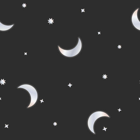 Vector Night Sky of Crescent Moon and Stars with Silver Metal Effect seamless pattern background. Perfect for fabric, scrapbooking and wallpaper projects.のイラスト素材