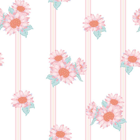 Vector Cute Pastel Sunflower Bouquets on Soft Stripes seamless pattern background. Perfect for fabric, scrapbooking and wallpaper projects.のイラスト素材