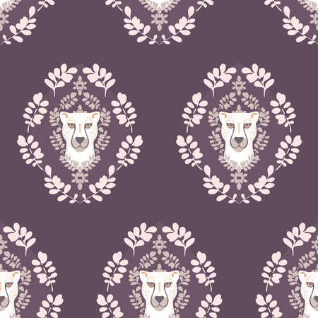 Vector Abstract Symmetrical White Cheetah with Leaves on Plum Purple design seamless pattern background. Perfect for fabric, scrapbooking and wallpaper projects.のイラスト素材