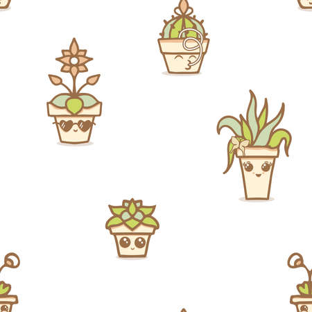 Vector Fun Kawaii House Plants in Terracotta Pots on White seamless pattern background. Perfect for fabric, scrapbooking and wallpaper projects.のイラスト素材
