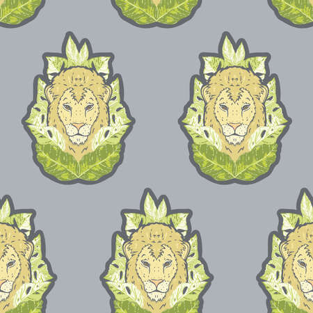 Vector Lion Drawing with Tropical Leaves in Lime Color seamless pattern background. Perfect for fabric, scrapbooking and wallpaper projects.の写真素材