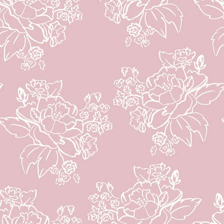 Vector White Ink Brushed Roses on Old Rose Pink seamless pattern background. Perfect for fabric, wallpaper and scrapbooking projects.のイラスト素材