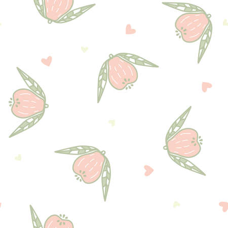 Vector Cute Tropical Fruit Guava with Hearts in pastel colors seamless pattern background. Perfect for fabric, wallpaper and scrapbooking projects.のイラスト素材