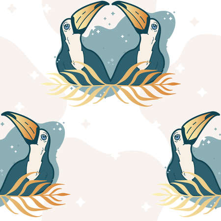 Vector Toucans with Organic Shapes in Retro Colors seamless pattern background. Perfect for fabric, wallpaper and scrapbooking projects.のイラスト素材