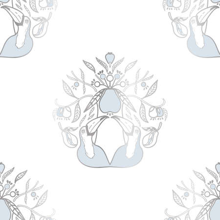 Vector Silver Effect Toucans under Guava Tree on White seamless pattern background. Perfect for fabric, wallpaper and scrapbooking projects.のイラスト素材