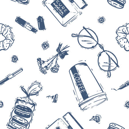 Vector Beauty Accessories Line art in Navy Blue seamless pattern background. Perfect for fabric, wallpaper and scrapbooking projects.のイラスト素材