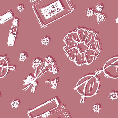 Vector Beauty Accessories Line art in Raspberry Pink seamless pattern background. Perfect for fabric, wallpaper and scrapbooking projects.のイラスト素材