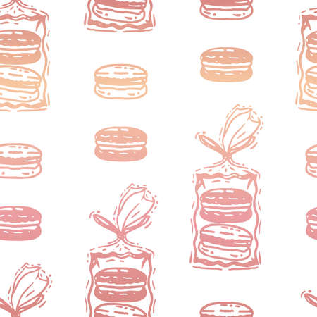 Vector Rose Gold Effect French Macarons Packaging on White seamless pattern background. Perfect for web design fabric, wallpaper and scrapbooking projects.のイラスト素材