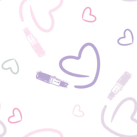 Vector Lipstick Hearts in Pastel Shades on White seamless pattern background. Perfect for web design fabric, wallpaper and scrapbooking projects.のイラスト素材