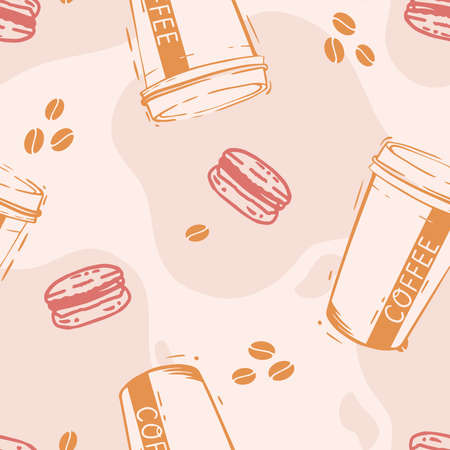 Vector Coffee and Macaron Takeaway Drawing in Pink and Orange seamless pattern background. Perfect for fabric, scrapbooking and wallpaper projects.のイラスト素材