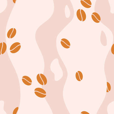 Vector Coffee Beans with Wavy Loose Stripes in Pink and Orange seamless pattern background. Perfect for fabric, scrapbooking and wallpaper projects.のイラスト素材