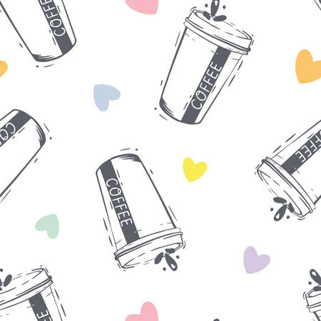 Vector Coffee Love Cups Line art with colorful Hearts seamless pattern background. Perfect for fabric, scrapbooking and wallpaper projects.のイラスト素材