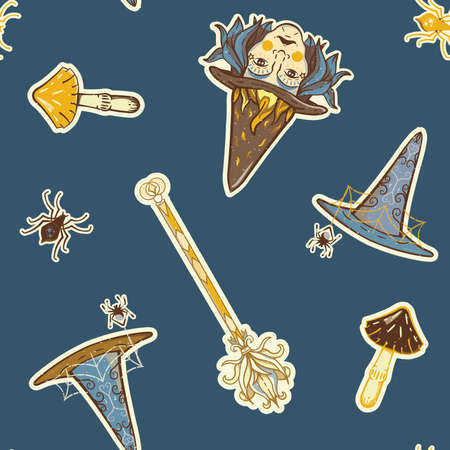 Vector Halloween Witchcraft in Autumn Warm Colors seamless pattern background. Perfect for fabric, scrapbooking and wallpaper projects.のイラスト素材