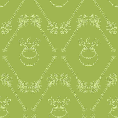 Vector Halloween Witchcraft in Green seamless pattern background. Perfect for fabric, scrapbooking and wallpaper projects.のイラスト素材