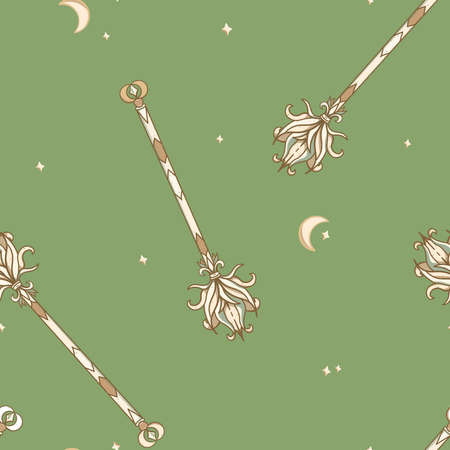 Vector Flying Enchanted Brooms on Moss Green seamless pattern background. Perfect for fabric, scrapbooking and wallpaper projects.のイラスト素材