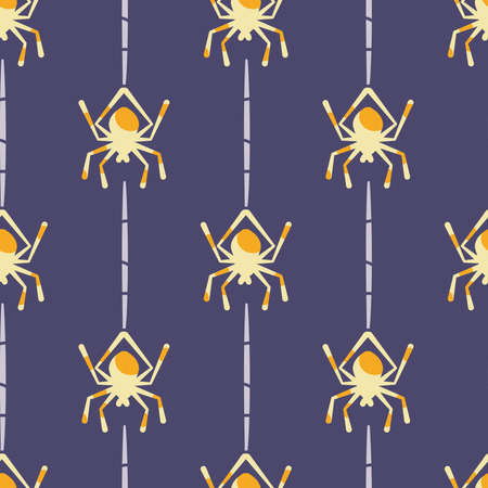 Vector Cute Hanging Spiders on Purple seamless pattern background. Perfect for fabric, scrapbooking and wallpaper projects.のイラスト素材