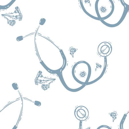 Vector Blue Doodle Stethoscope seamless pattern background. Perfect for fabric, scrapbooking and wallpaper projects.のイラスト素材