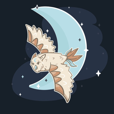 Vector Flying Magical Night Owl on Dark Blue with Crescent Moon Isolated Design. Perfect for graphics, web designs and other projects.のイラスト素材