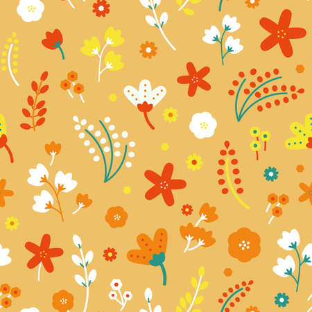 Vector Cheerful Folklore Florals seamless pattern background design. Perfect for scrapbooking, fabrics and web design projects.のイラスト素材