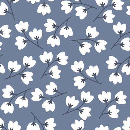 Vector Lilies of the valley on Blue seamless pattern background. Perfect for scrapbooking, fabric, wallpaper, and web designs.のイラスト素材