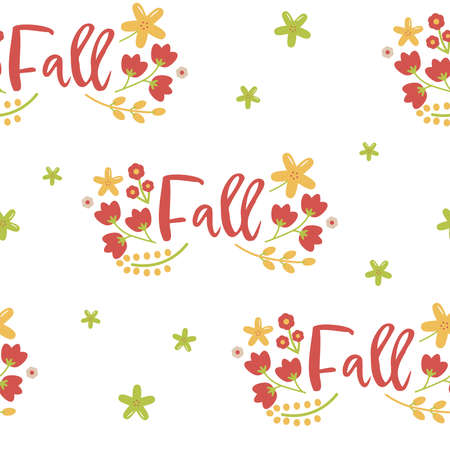 Vector Cheerful Fall Folklore Florals in Yellow Red and Green seamless pattern background design. Perfect for scrapbooking, fabrics and web design projects.のイラスト素材