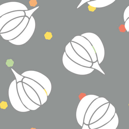 Vector White Pumpkins with Cute Confetti Daisies on Gray seamless pattern background. Perfect for fabric, wallpaper and scrapbooking projects.のイラスト素材