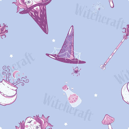 Vector Witchcraft in Pastel Pink, Purple and Blue seamless pattern background. Perfect for fabric, scrapbooking and wallpaper projects.のイラスト素材