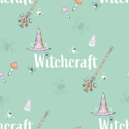 Vector Retro Witchcraft Essentials on Pastel Green seamless pattern background. Perfect for fabric, scrapbooking and wallpaper projects.のイラスト素材