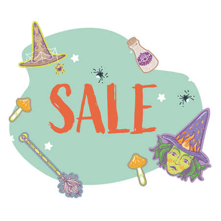 Vector Witchcraft Illustration Sale Inscription Halloween Banner. Perfect for social media, web design and many more.のイラスト素材