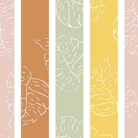 Vector Monstera White Lineart on Pastel Colored Stripes seamless pattern background. Perfect for fabric, scrapbooking and wallpaper projects.のイラスト素材