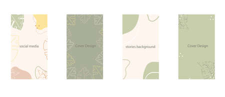 Main Feed and post creative vector set. Background template with copy space for text and images design with abstract shapes and tropical monstera leaves.のイラスト素材