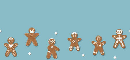 Vector Cheerful Medical Staff Gingerbread Cookies with Snowflakes on Blue seamless border background. Perfect for web design, fabric, scrapbooking and wallpaper projects.のイラスト素材