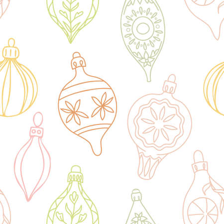 Vector Vintage Christmas Ornaments Lineart in Pastel Colors seamless pattern background. Perfect for web design, fabric, scrapbooking and wallpaper projects.のイラスト素材