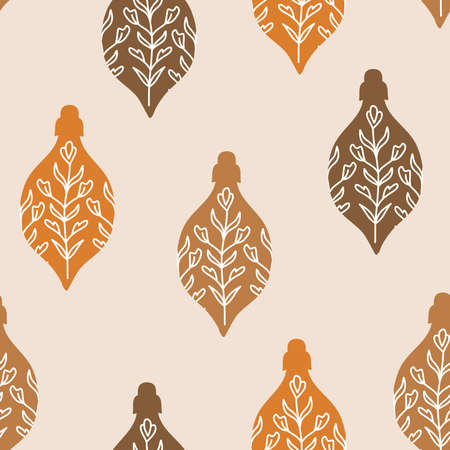Vector Vintage Christmas Ornaments in Warm Browns seamless pattern background. Perfect for web design, fabric, scrapbooking and wallpaper projects.のイラスト素材