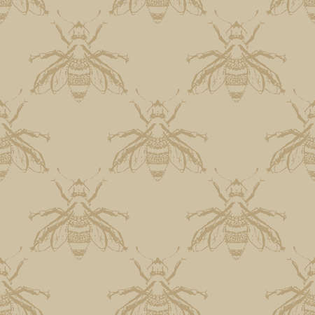Vector Vintage Bees Drawing in Beige seamless pattern background. Perfect for fabric, scrapbooking and wallpaper projects.のイラスト素材