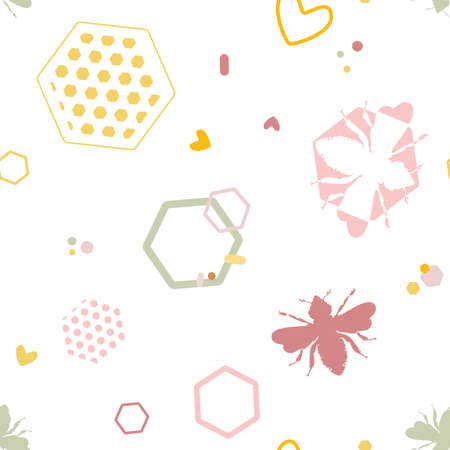 Vector Cheerful Abstract Bees and Honeycomb Shapes Memphis style inspired seamless pattern background. Perfect for fabric, scrapbooking and wallpaper projects.のイラスト素材